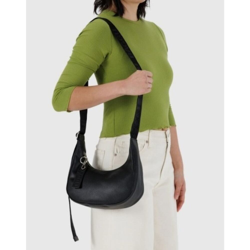 BAGGU Black Leather Small Crescent Bag Crossbody Logo Strap Silver Hardware